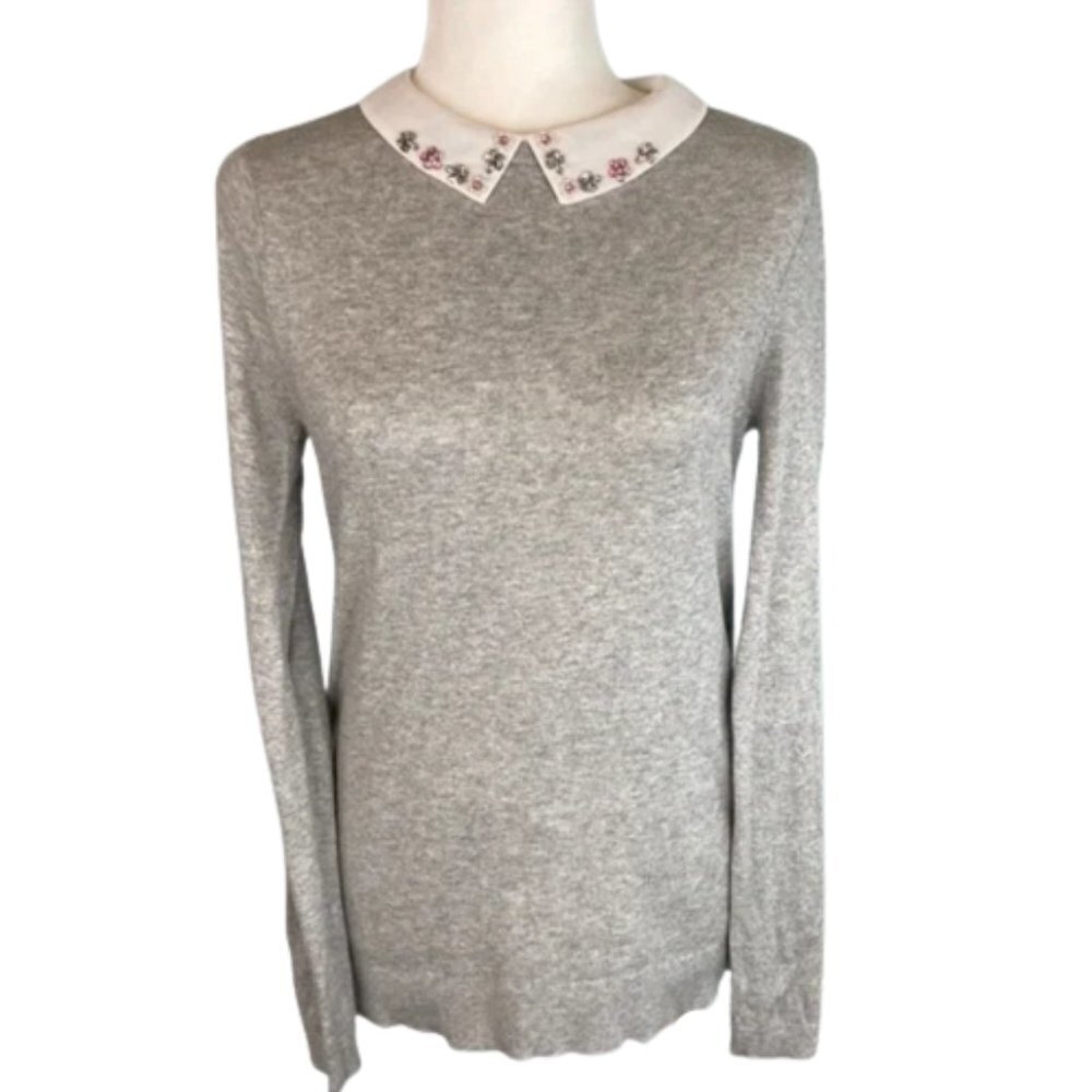 ELLE Embellished Peter Pan Collar Beaded Sweater Gray Cotton Viscose Size M